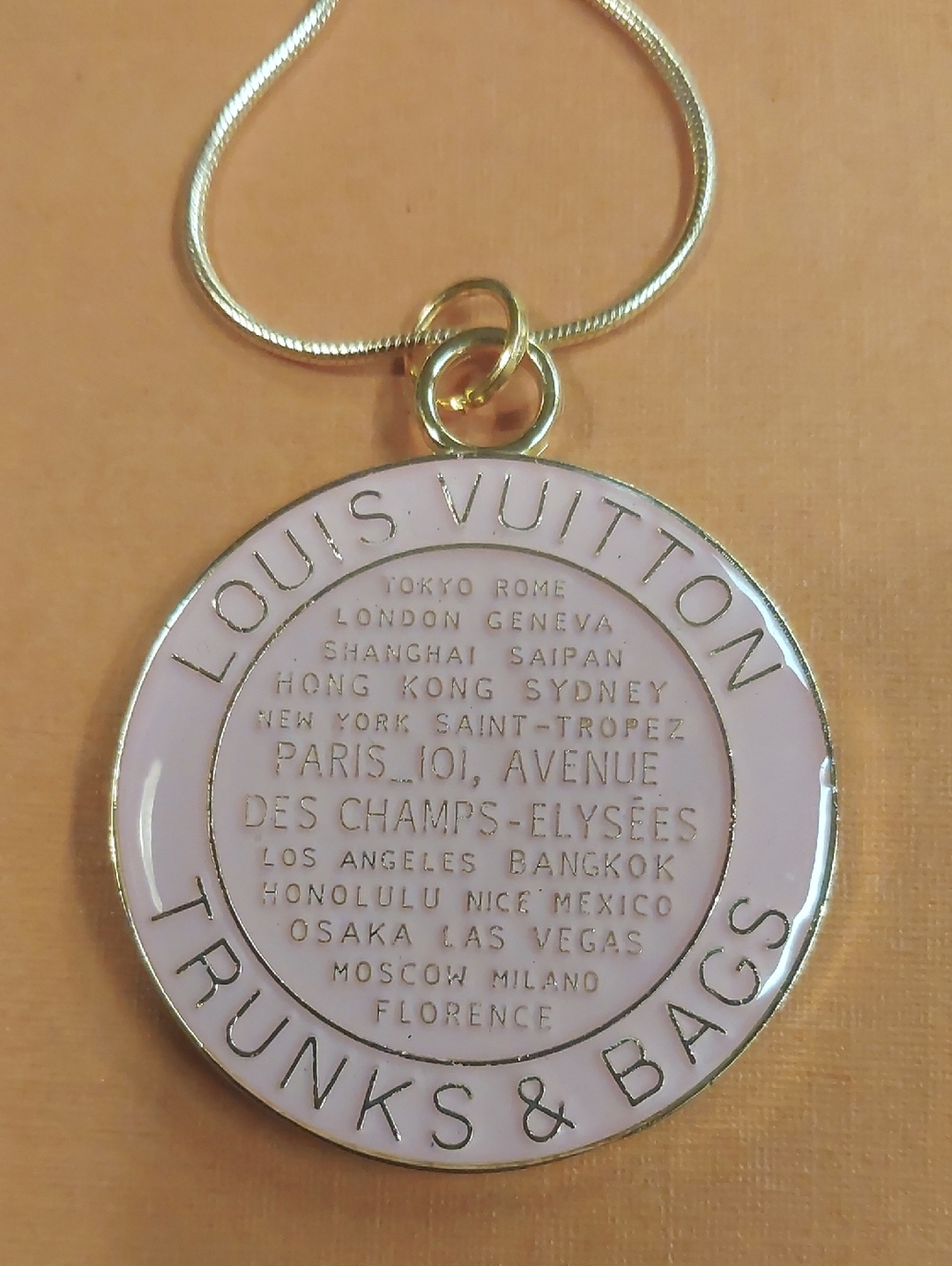 LV Light Pink Round Trunks & Bags Charm Pendant Necklace 18KT GP